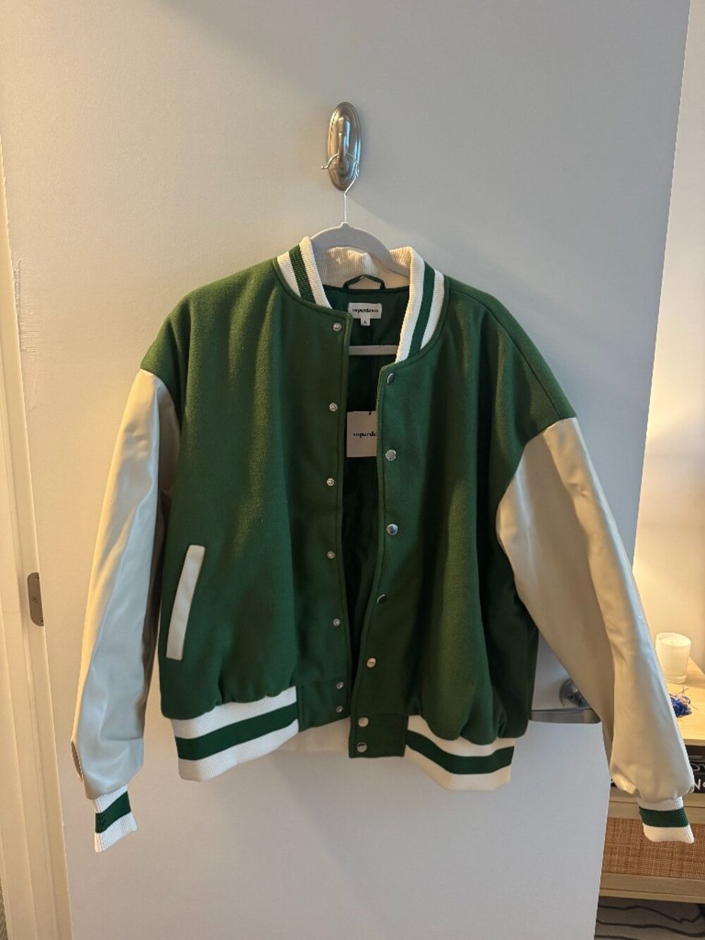 Superdown, Green and White Varsity Bomber Jacket, New with Tags